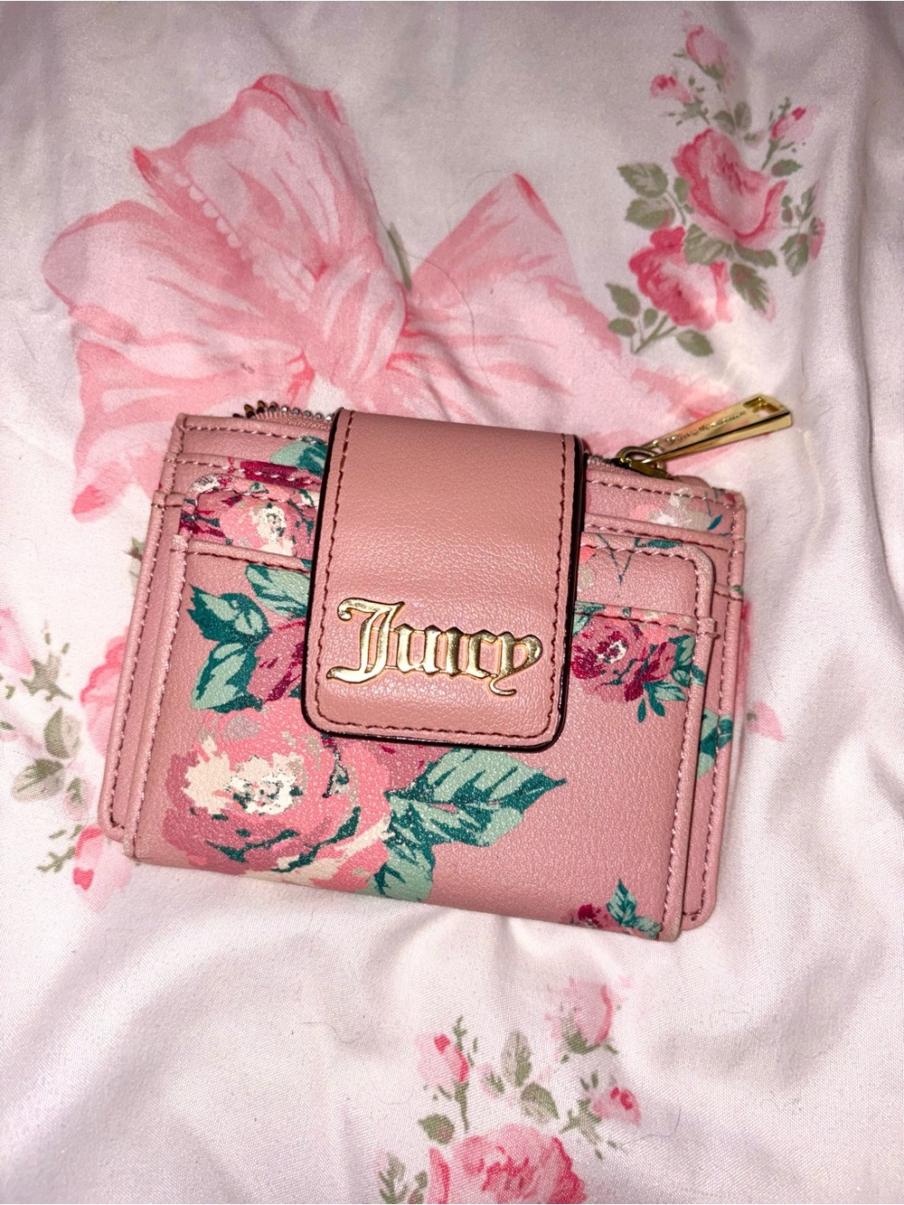 Juicy Couture Pink Floral Zip & Snap Wallet